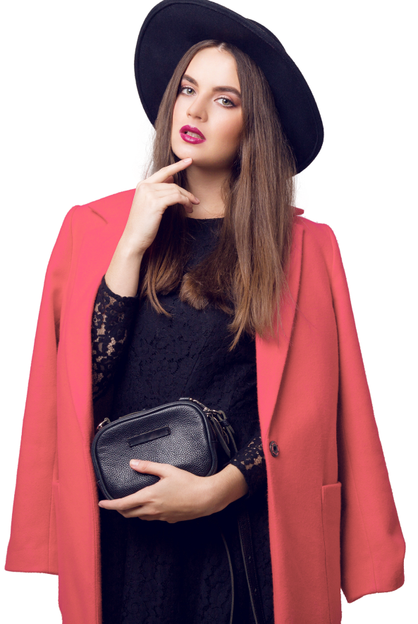 fashionable-woman-pink-coat-black-hat-posing 2